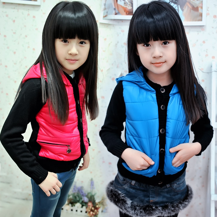2012 autumn children's clothing female child color block yarn patchwork with a hood thin wadded jacket outerwear