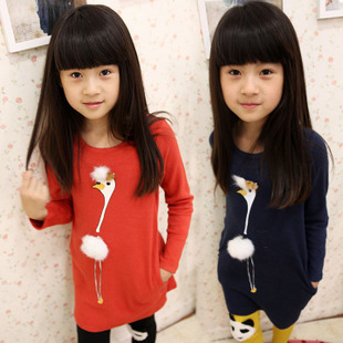 2012 autumn children's clothing female child elegant three-dimensional plush ostrich long-sleeve slim hip medium-long sweatshirt