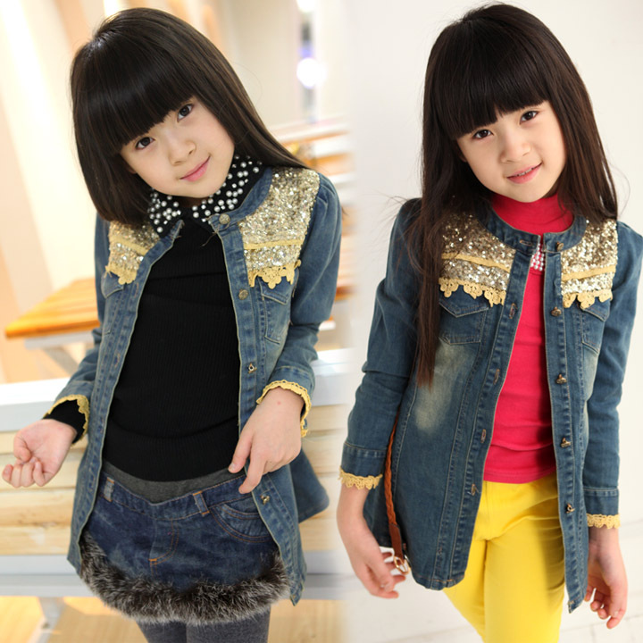2012 autumn children's clothing female child lace gold long denim trench outerwear child