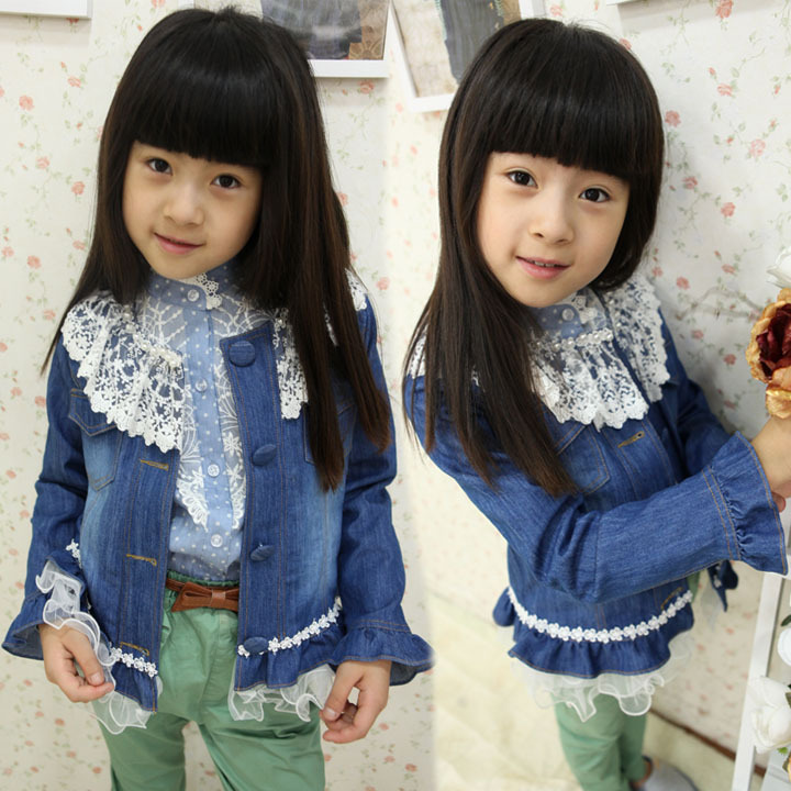 2012 autumn children's clothing - female child lace pearl denim outerwear denim coat child