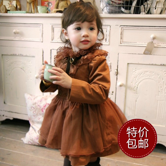 2012 autumn children's clothing female child outerwear elegant lace princess dress trench child overcoat