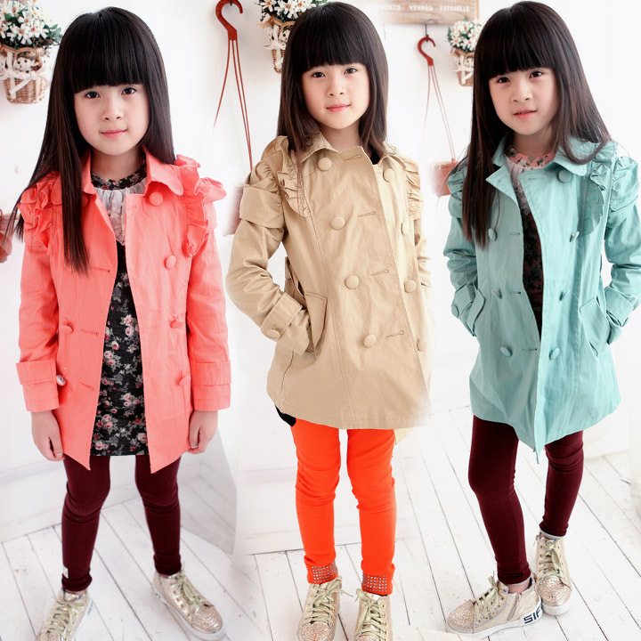 2012 autumn children's clothing female child ruffle hem puff sleeve medium-long trench outerwear child