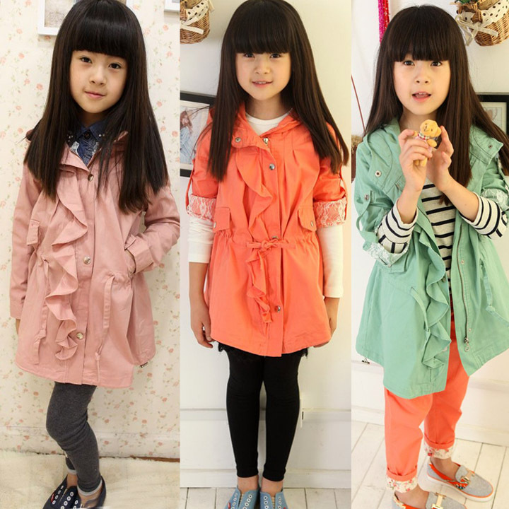 2012 autumn children's clothing - female child ruffle with a hood slim waist lace sleeve roll-up hem trench outerwear child