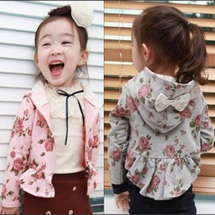 2012 autumn children's clothing rose print cardigan bow girl all-match outerwear coat for 3~11Y free shipping wholesale