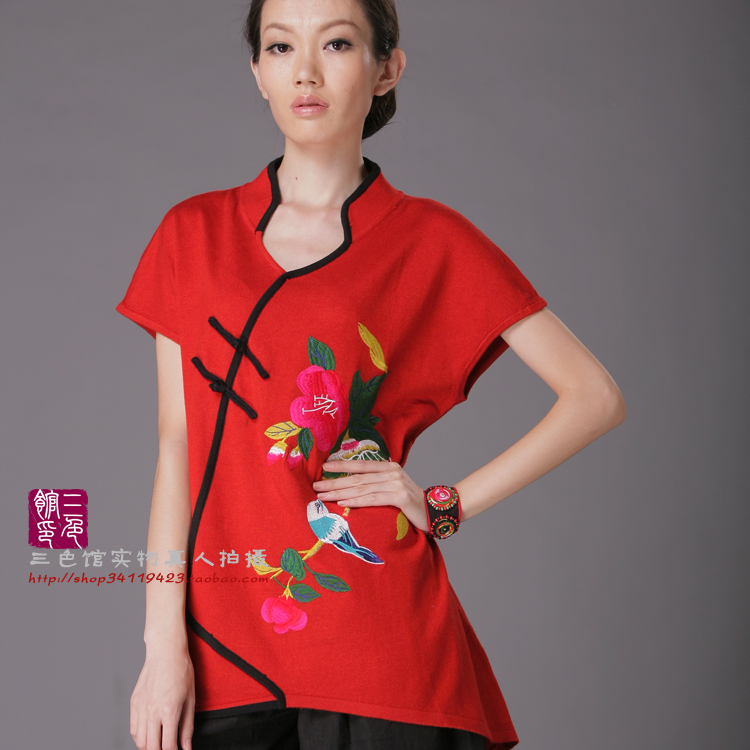 2012 autumn chinese style plus size loose embroidered irregular sweep pullover short-sleeve sweater shirt a0032