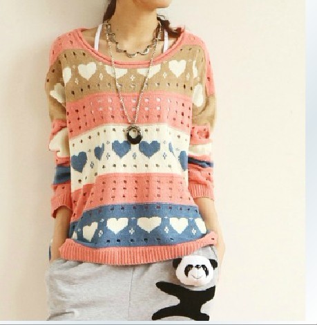 2012 autumn color block cutout pullover crochet women's loose long-sleeve sweater