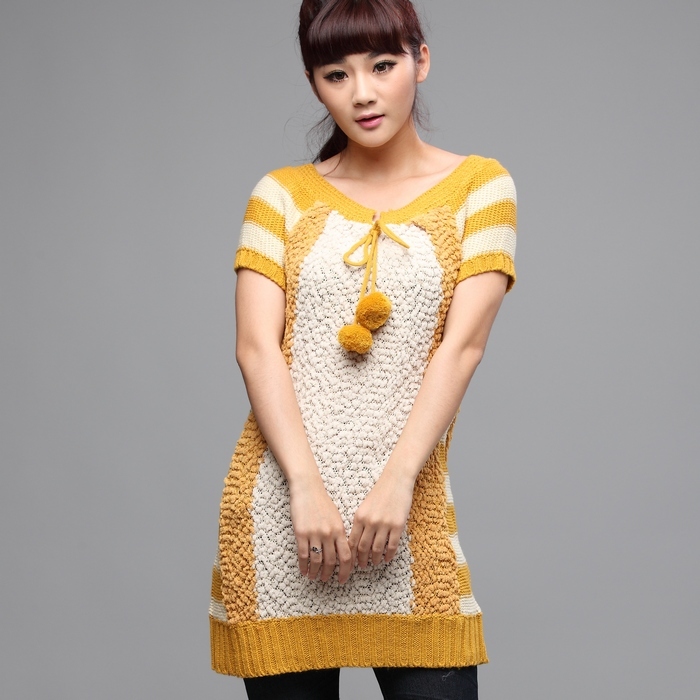 2012 autumn cutout thin loose short-sleeve sweater color block decoration sweater 2301  knitwear