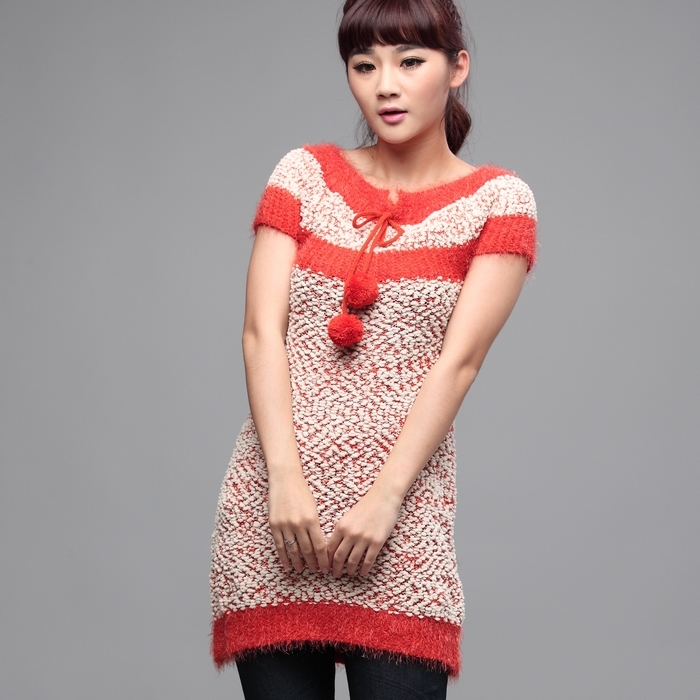 2012 autumn cutout thin loose short-sleeve sweater color block decoration sweater 2302  ladies' fashion garments