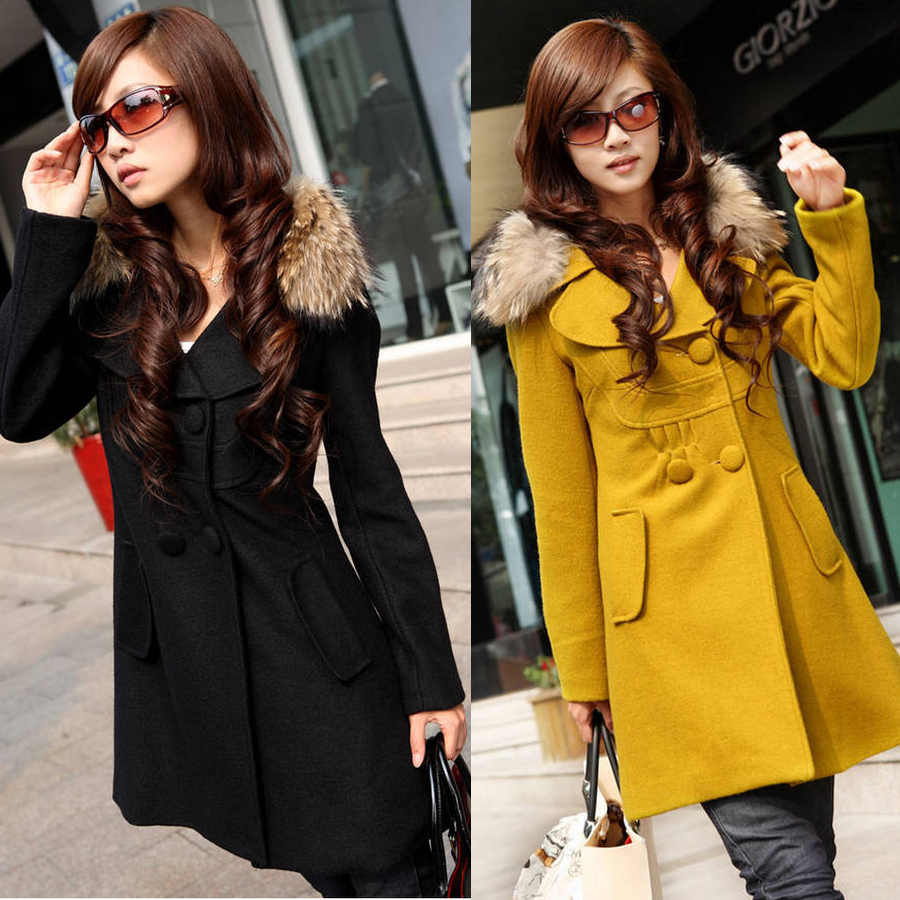 2012 autumn double breasted slim medium-long woolen overcoat female trench outerwear fur collar,winter wear,free shipping
