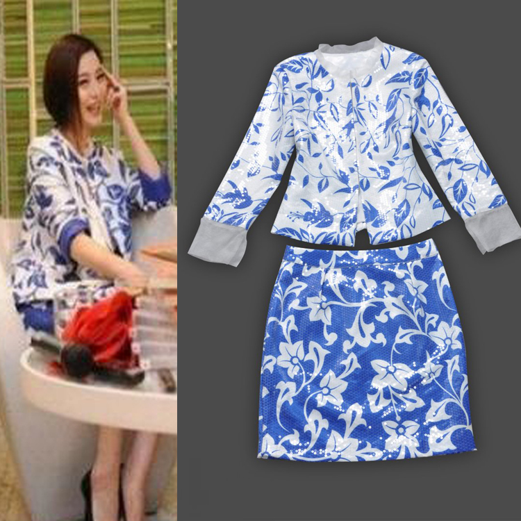2012 autumn elegant celadon blue paillette 2 piece set short skirt noble career dresses