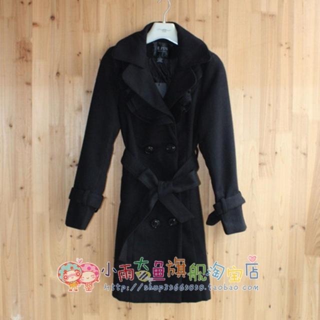 2012 autumn elegant ruffle double breasted lacing long overcoat trench woolen outerwear black