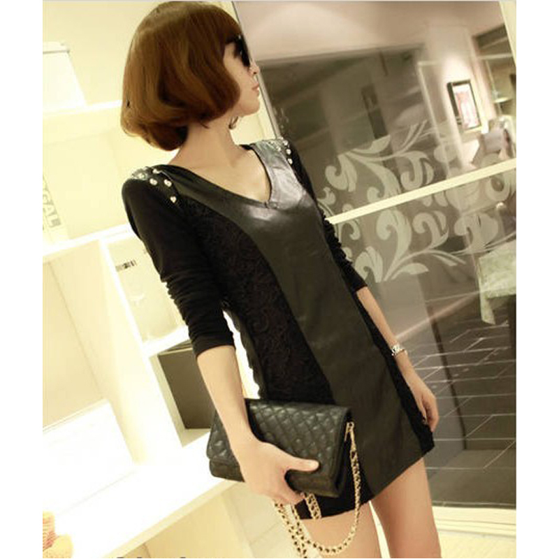 2012 autumn fashion autumn and winter slim punk lace patchwork rivet long-sleeve leather one-piece dress