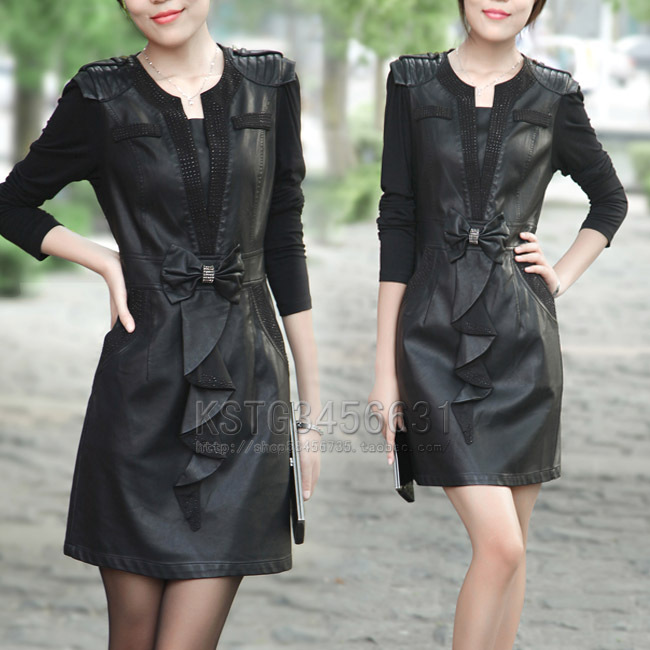 2012 autumn fashion autumn water washed leather slim long-sleeve plus size autumn one-piece dress