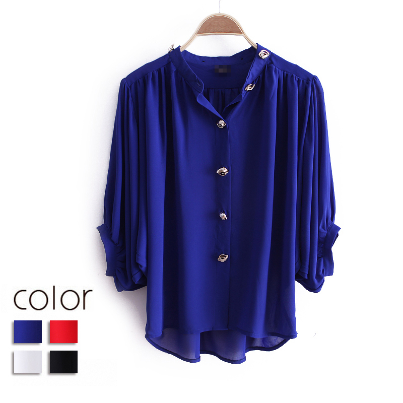 2012 autumn fashion batwing sleeve stand collar button decoration loose chiffon shirt wc1299