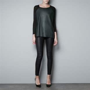 2012 autumn fashion chest windproof leather color block decoration shirt autumn and winter shirt female long-sleeve slimA1270