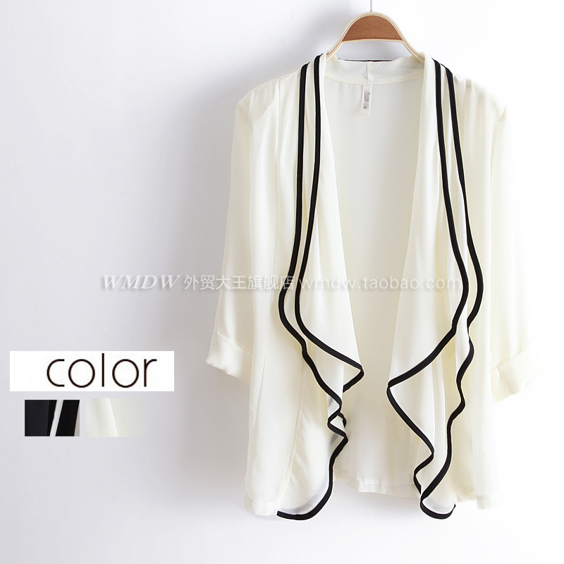 2012 autumn fashion color block decoration top elegant no button chiffon cardigan wc1316