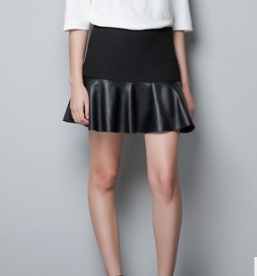 2012 autumn fashion cool high quality leather patchwork expansion bottom bust skirt short skirt black clothing for women