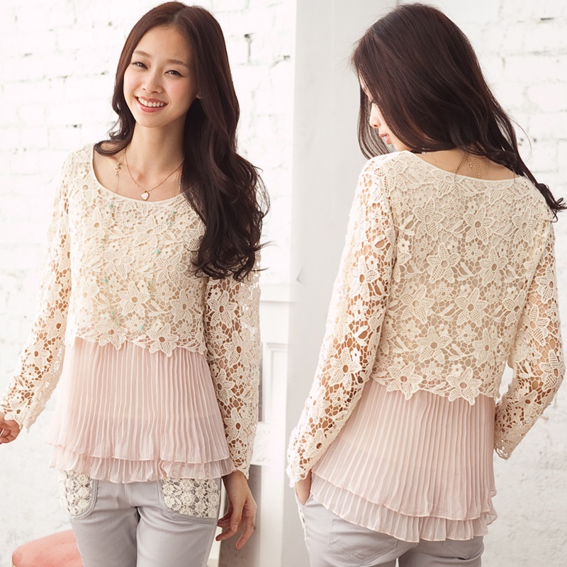 2012 Autumn fashion crochet lace pleated chiffon top Blouse W2319 Free shipping by HK Post