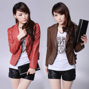 2012 autumn fashion elegant slim one button PU women's motorcycle leather clothing short jacket Free Shipping