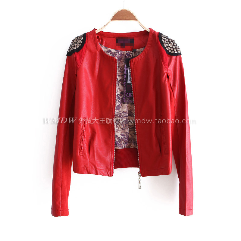 2012 autumn fashion handsome rhinestone epaulet decoration zipper style slim leather clothing coat ww2645