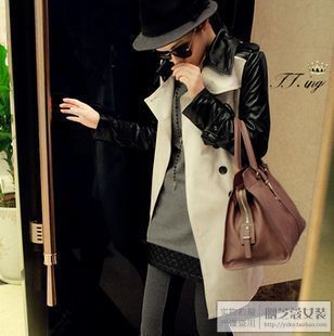 2012 autumn fashion normic slim fashion PU double breasted long design trench female long outerwear