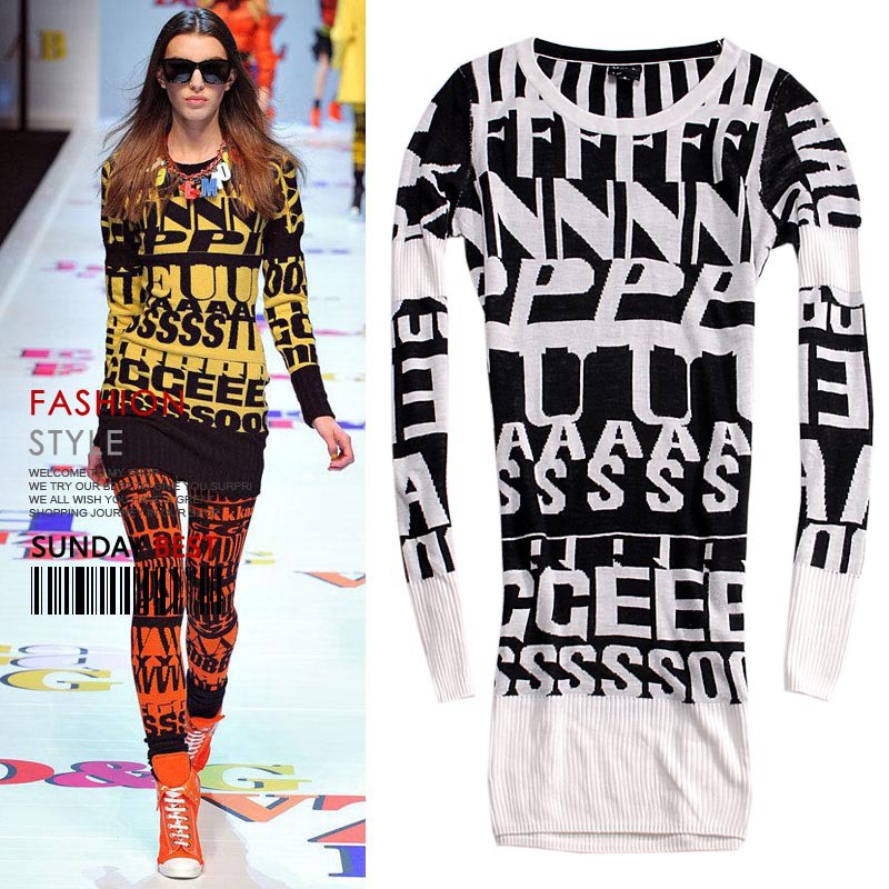 2012 autumn fashion o-neck letter doodle black-and-white long design mercerized cotton women's sweater slim sweater