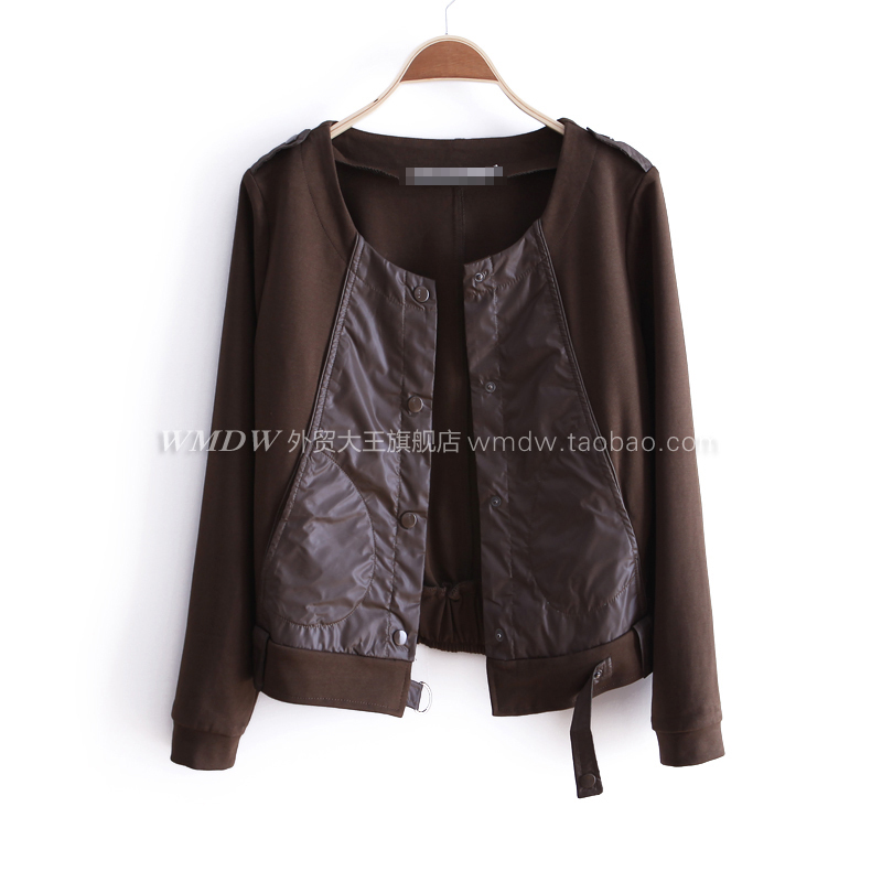 2012 autumn fashion PU patchwork knitted o-neck long-sleeve single breasted small leather clothing outerwear ww2633