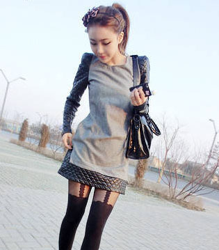 2012 autumn fashion slim fashion leather patchwork woolen plaid slim elegant one-piece dress