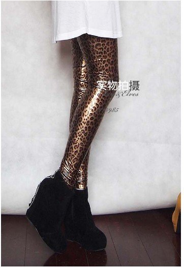 2012 autumn fashion tight glossy matte high waist leopard print faux leather legging faux leather pants female