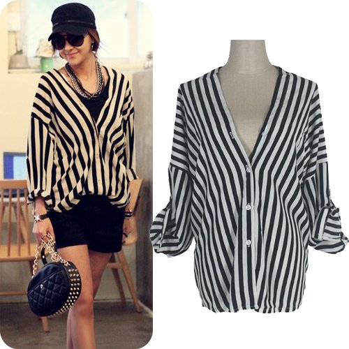 2012 Autumn Fashion V-neck Black&White Striped Plus Size Long Sleeve Faux Silk Shirts For Women 6242