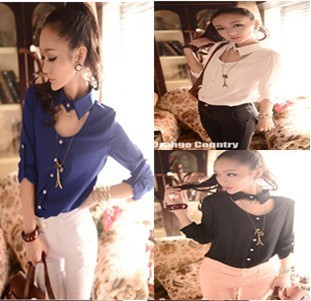 2012 autumn fashion vintage small lapel faux silk chiffon long-sleeve slim medium-long shirt