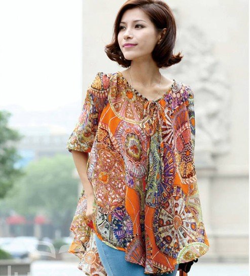 2012 Autumn Fashion Women's New Arrival Bohemia Print Blouses Loose Comfortable Chiffon Top Shirt,Free Shipping Y6410