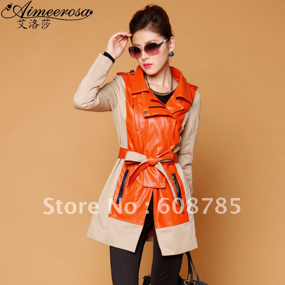 2012 autumn Fashion women's PU patchwork coat jacket medium-long section turn-down collar windbreaker free shipping B0560