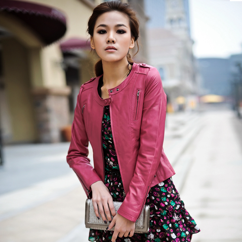 2012 autumn fashion women's slim motorcycle o-neck zipper short design small leather clothing og-202