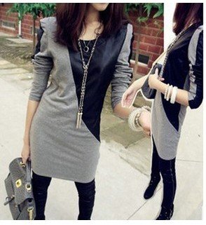 2012 autumn fashion Womens stitching leather small shrug good-looking dress long T-shirt,Hot Sale,Free Shipping