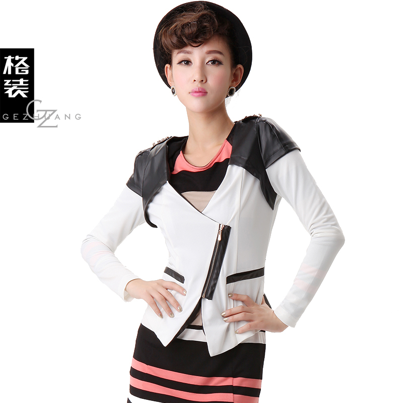 2012 autumn fashion zipper color block patchwork PU breathable coat female thin fashion w23