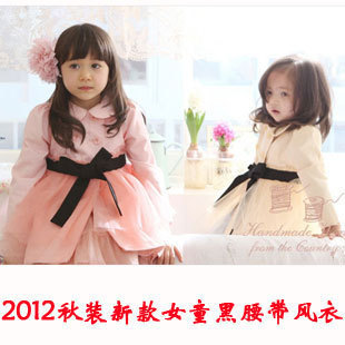 2012 autumn female child outerwear long-sleeve black belt trench lengthen outerwear children's clothing z715