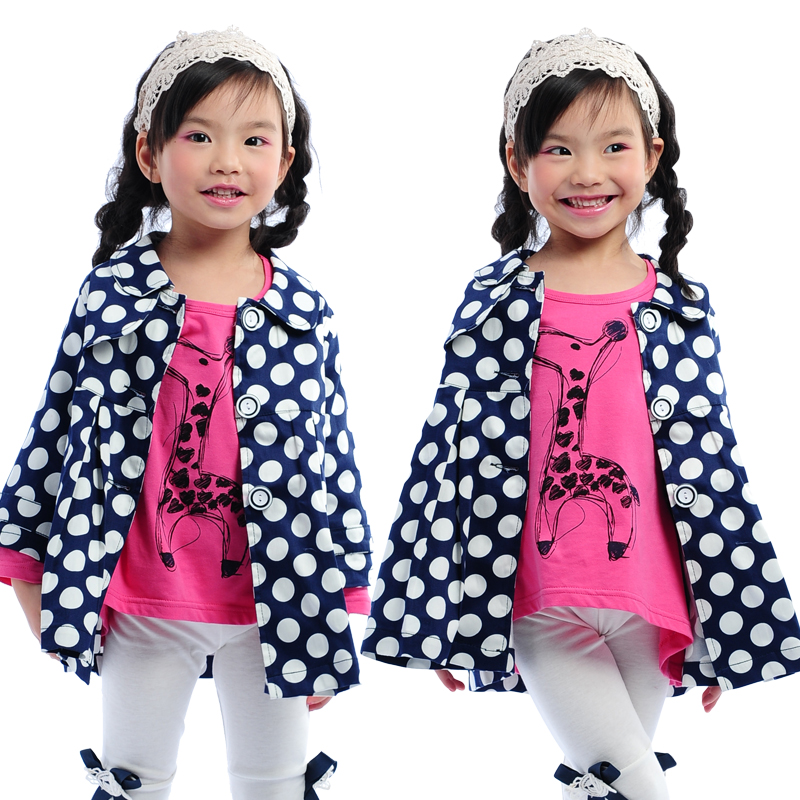 2012 autumn female child polka dot 100% cotton trench bat style ruffle collar single