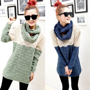 2012 autumn female color block decoration basic shirt loose pullover sweater outerwear sweater muffler scarf 5082