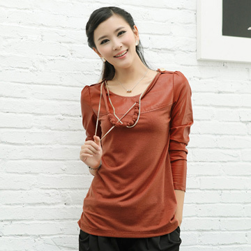 2012 autumn female fashion leather patchwork long-sleeve women's t-shirt