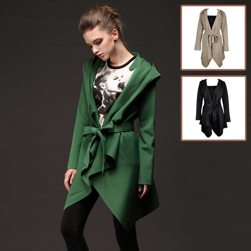 2012 Autumn Female Irregular Slim Lacing Turn-Down Collar Long-Sleeve With A Hood Knitted Trench  Free Drop Shipping WSC002