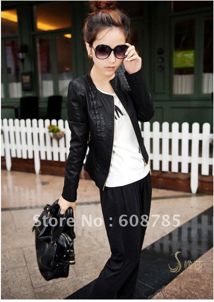 2012 autumn female short section water-washed o-neck outerwear PU leather jacket free shipping B0350