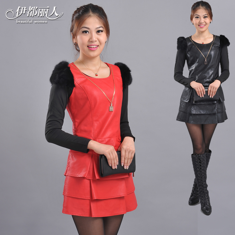 2012 autumn female slim PU water washed leather skirt sleeveless layered dress one-piece dress rabbit fur 60