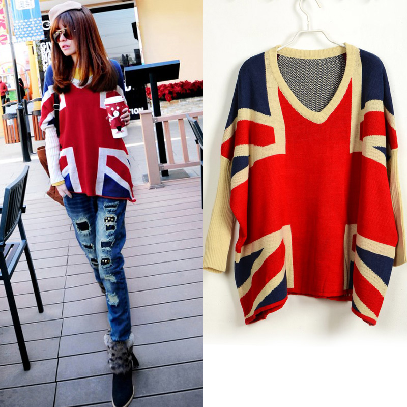 2012 autumn female V-neck loose sweater plus size fashion torx flag batwing sleeve sweater outerwear