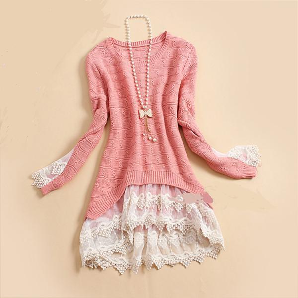 2012 autumn gentlewomen loose o-neck crochet lace sweep long-sleeve sweater