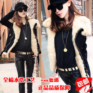 2012 autumn genuine leather large wool turn-down collar fur short jacket
