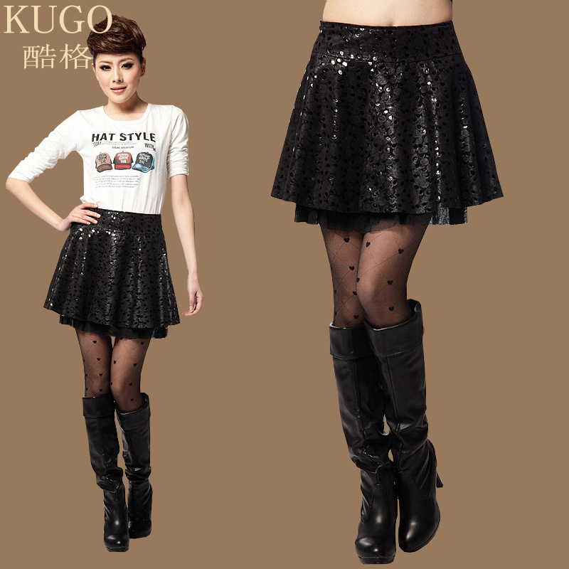 2012 autumn genuine leather print skirt lace black short skirt leather skirt kg1501