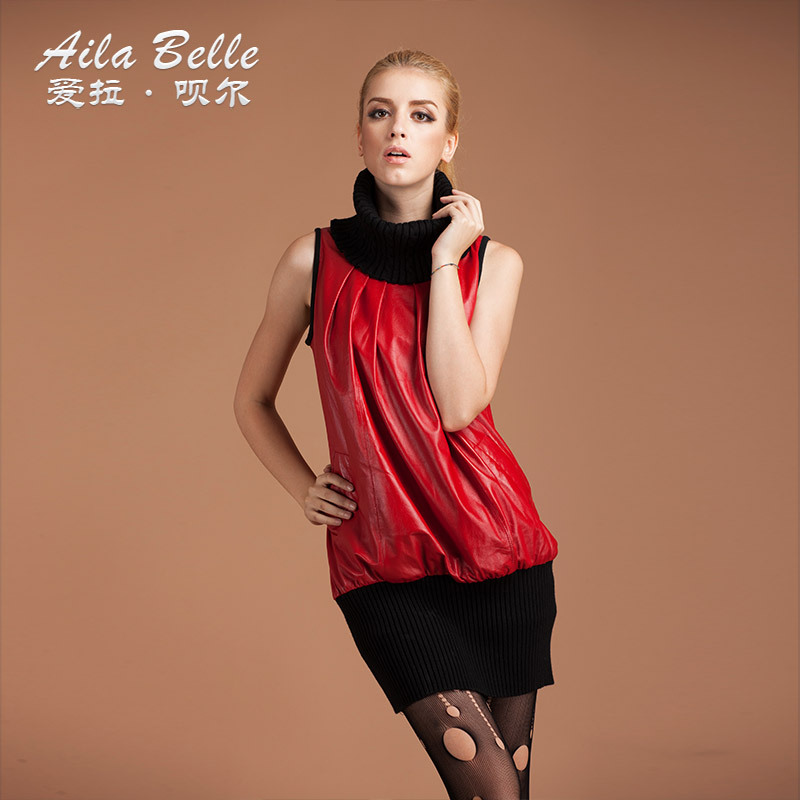 2012 autumn genuine leather sleeveless one-piece dress leather skirt medium-long leather clothing plus size female