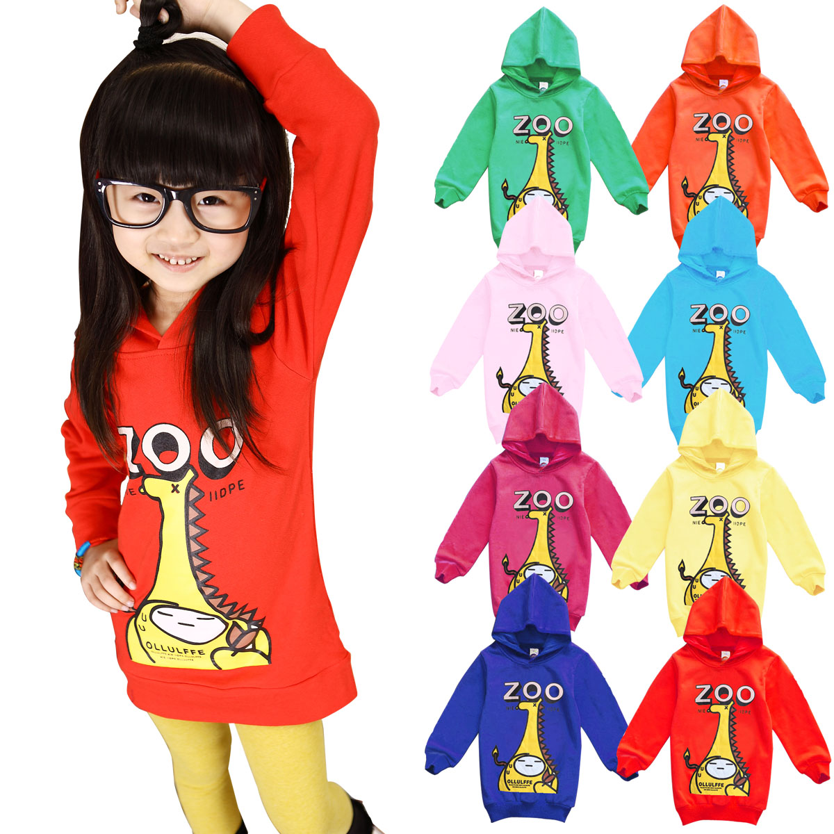 2012 autumn girls clothing chromophous cartoon with a hood child long design sweatshirt