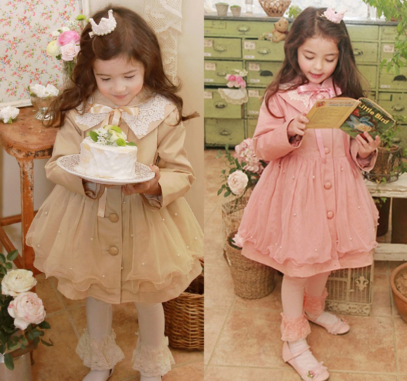 2012 autumn girls clothing the disassemblability embroidered lace collar pearl gauze trench dress long-sleeve dress